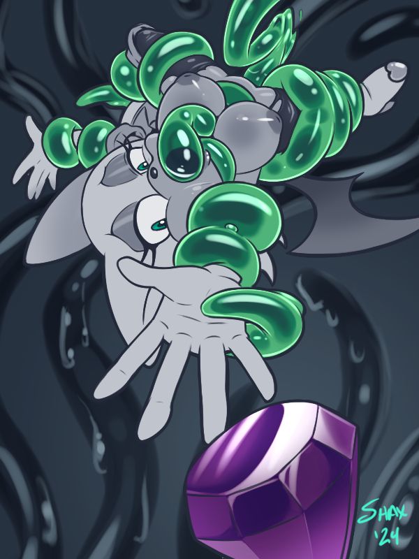 Rouge the Bat (Sonic the Hedgehog series) is reaching for a Chaos Emerald she's dropped as a consequence of getting grabbed and penetrated by several goopy slime tentacles. 