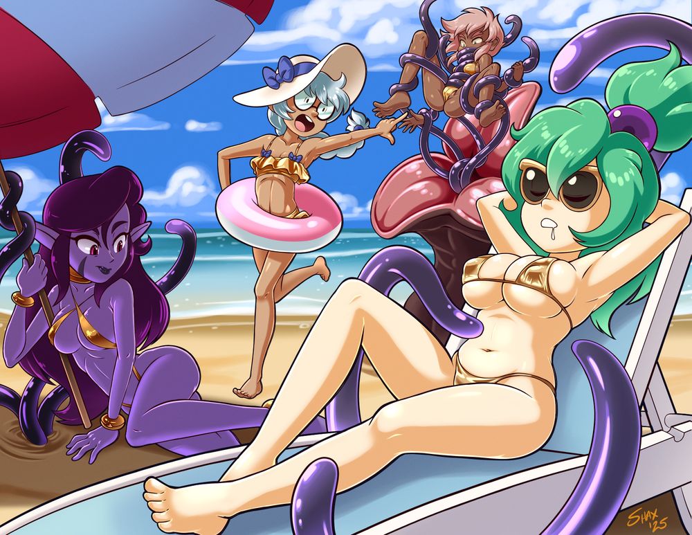 My OCs (from front to back) Fara, Dyse, Bobbin and Naomi, chillin' at the beach in gold-colored swimwear, as is the fashion this season. Naomi's been grabbed up in the tentacles of a massive beach-dwelling sandworm. Bobbin's rushing to try and alert the others to Naomi's plight, but Dyse is fixated on staying out of the sun (which doesn't suit her delicate umbra-elf complexion), and Fara's dozed off on a beach chair while sunbathing; both are unaware that they're the target of some sandworm tentacles, themselves. 