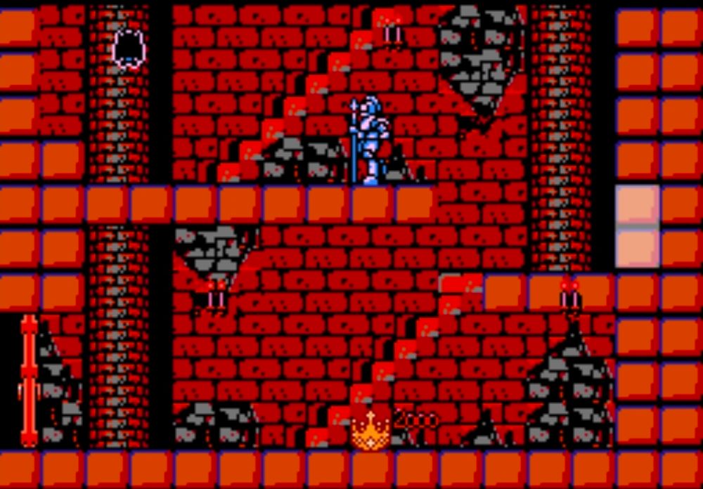 The first screen of Level 2 of Castlevania on the NES, showing the 2000-point bonus crown and the blocks you whip to make the alcove that reveals it.