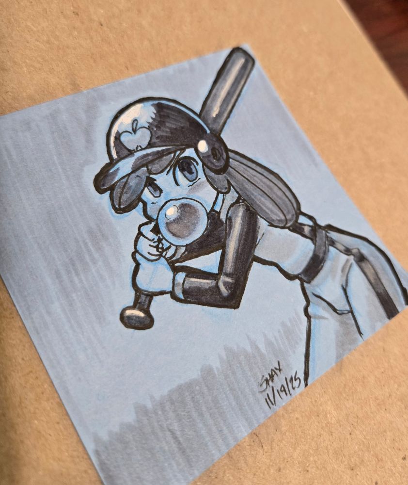 Apple Bloom (MLP:EqG), dressed in her Little League baseball uniform and batting helmet, blows a bubblegum bubble as she prepares to knock the pitcher's next throw out of the city limits.