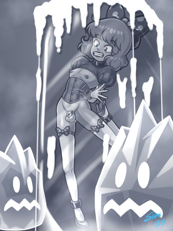 His arms may still be locked behind his back, but Prince Haru (Super Mario Bros. OAV) has managed to escape from his temporary situation as Wendy O. Koopa's pet bed-warmer. He's still dressed in the outfit Wendy puts on all her pets, consisting of a pair of white gloves/thigh-highs, a silk corset, a halter top patterned after his usual royal tunic, high heels, a big poofy bow for his hair (with matching ones on the stocking-tops), and a set of black iron cuffs and collar; she's also added a flat chastity cage as part of Haru's specific ensemble. 

Unfortunately, in his haste to escape the castle, Haru has happened across a field of Freezies, and accidentally touching one has frozen him temporarily in a block of ice for easy recapture. 