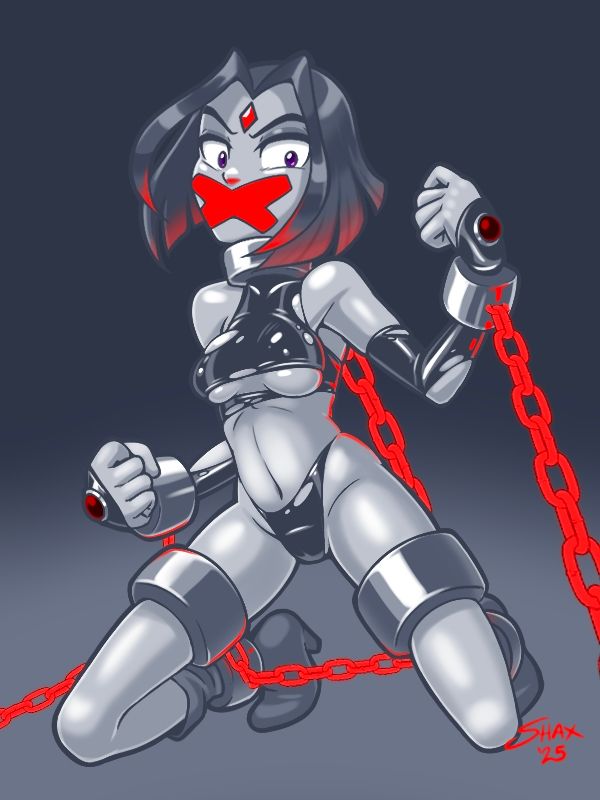 Raven (DCAU Teen Titans) is kneeling on the floor, bound fast by large metal cuffs around her wrists, thighs and ankles and a matching collar around her neck. These devices are connected to each other- and the floor- by glowing red arcane chains. A large red X-shaped gag seals her lips shut, preventing her from casting spells to escape or retaliate.

Adding insult to injury, her bodysuit is almost completely shredded.