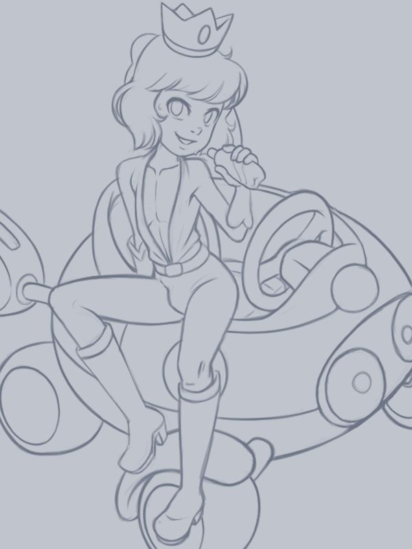 WIP of Prince Haru in a partially-unzipped racing jumpsuit, enjoying a nice cool drink while seated on a parabiddybug-shaped Kart