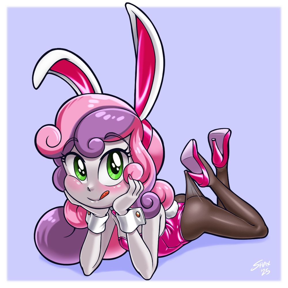 Sweetie Belle (MLP: Equestria Girls) lies on the floor, head propped in her hands and legs bent at the knee and crossed at the ankles.  She's looking at the viewer and smiling, sticking her tongue out cutely.

Sweetie's dressed in a bright pink bunnygirl leotard, white ears with pink interior, pink high heels and a pink bow tie, along with the customary tail, cuffs and collar. A pair of dark brown hose completes her ensemble, and the material covering her right buttcheek is caught on the heel of her right shoe, a la the pantyhose-hooked-on-heel meme that was burning up socials a few days ago. 