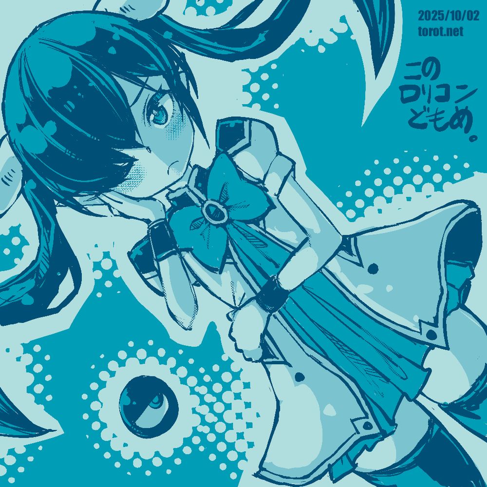 Backbeako (Beako for short) is a young girl with red eyes and black hair, done up in twintails and with the bangs covering her right eye. She is the daughter of Backbeard, a recurring foe to Gegege no Kitaro and the most powerful of all Western yokai. Beako frequently appears with a mini-Backbeard companion in tow- a floating black sphere with a singular eye that allows father to see all the things Beako gets up to.

Beako was created by Japanese artist Torotei in 2005. Her birthday is September 11th, which would make her 20 years old this year.

Beako is a fierce enemy of lolicons, and her sketches are usually tagged with "Kono lolicon domome", translating roughly to "You damned lolicons". This is a reference to a Futaba Channel meme from the early 2000s featuring an edited Gegege no Kitaro panel in which Backbeard was issuing the statement, usually posted in response to lolicon-related posts on the messageboard. 

Since January of 2022, Torotei has drawn and posted a daily Beako sketch on their personal site. Usually 1024x1024 affairs, these are typically monochrome affairs as in the example images here, though occasionally Torotei will incorporate three or four colors into the mix. They always depict Beako wearing a variety of outfits and often in flirty/suggestive poses, and incorporate the date, the torot.net site and the "このロリコンどもめ" motto.

In this sketch from 10/02/2025, Beako is wearing a frilly dress under a black-trimmed white jacket, with a bow and jeweled brooch on the chest, along with a pair of black wristbands and thigh-highs. She's glaring at the viewer with a frown on her face. The Mini-Backbeard floats to the left, side-eyeing the girl. 