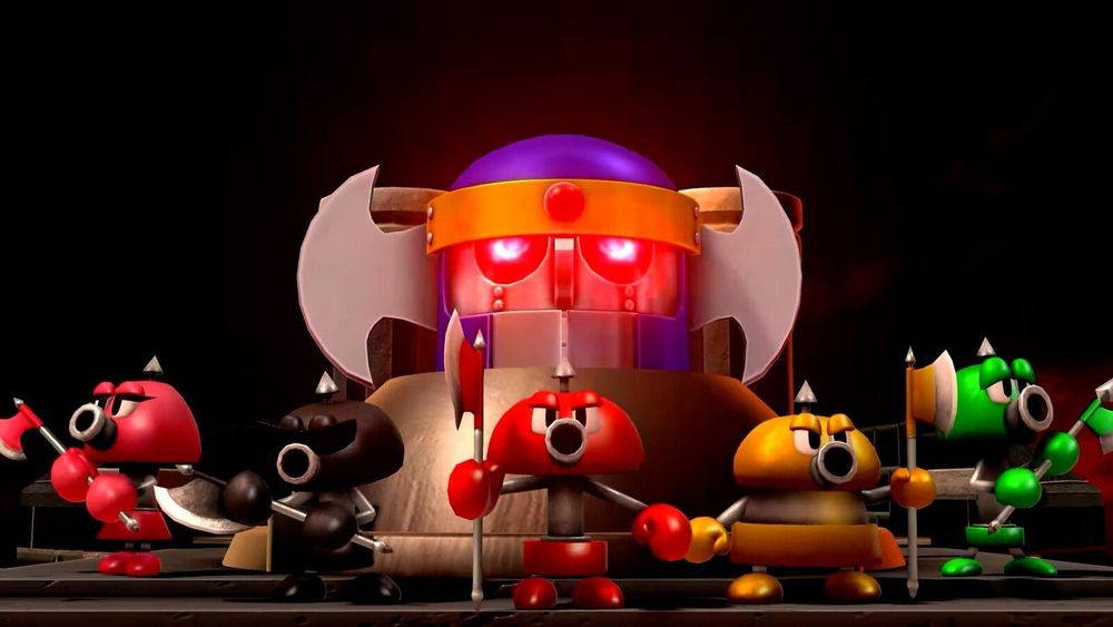 The five members of the Axem Rangers, the Smithy Gang's fierce fighting team. Axem Pink, Axem Black, Axem Red, Axem Yellow and Axem Green stand before the power core of their airborne battleship, The Blade. 