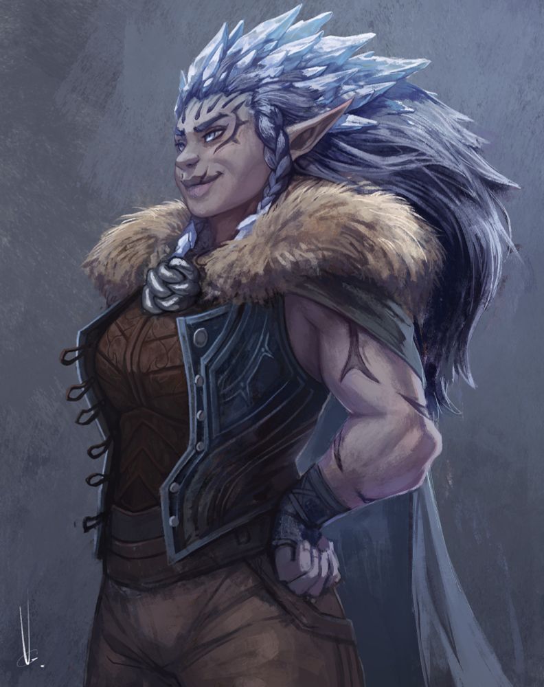 Illustration of a muscular elven woman wearing fur and leather with ice spikes forming on the hair on top of her head as well as on the tips of the braids framing her face. Her face and arms are covered in dark, scar-like markings