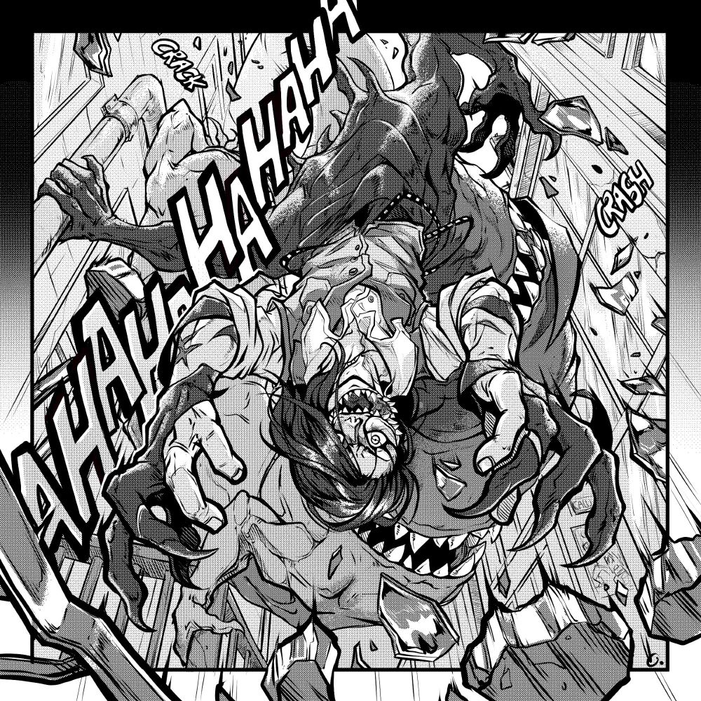 A manga-style drawing. A person is depicted laughing maniacally and falling towards the viewer, the bottom half of their body having transformed into a serpentine beast and their mouth split open, revealing many sharp teeth. rubble is falling towards the viewer, and a stylised text runs diagonally across the illustration, spelling out "AHAHAHAHAHA" 