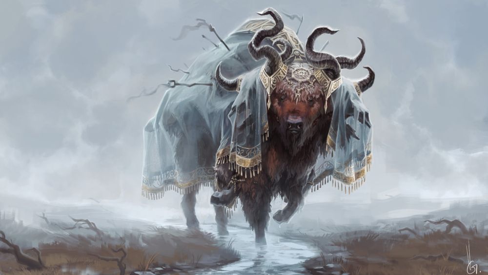 A large illustration showing a barren landscape enclosed in a thick, cloudy fog, with a massive bison-like creature in the middle.

The creature is a three-headed amalgamation of multiple bison, with the bodies sewn together and covered by a decorated, silky fabric. it wears a golden decorative element on its biggest head, and its back has been pierced by weapons.