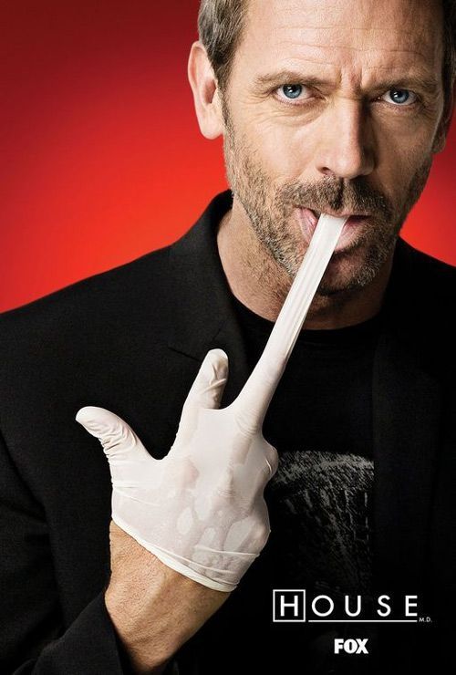 really hideous promotional poster of house md huge laurie stretching the middle finger of a latex glove with his mouth while pulling it off his hand