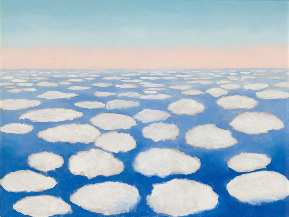 Large canvas of aerial view of the sky from above the cloud level. To the point of the horizon at 2/3 of the canvas the sky is vibrant blue dotted with islands of white clouds like icebergs in the sea. The top 1/3 is the pale horizon fading from salmon peach to grey-blue to the edge of the canvas.