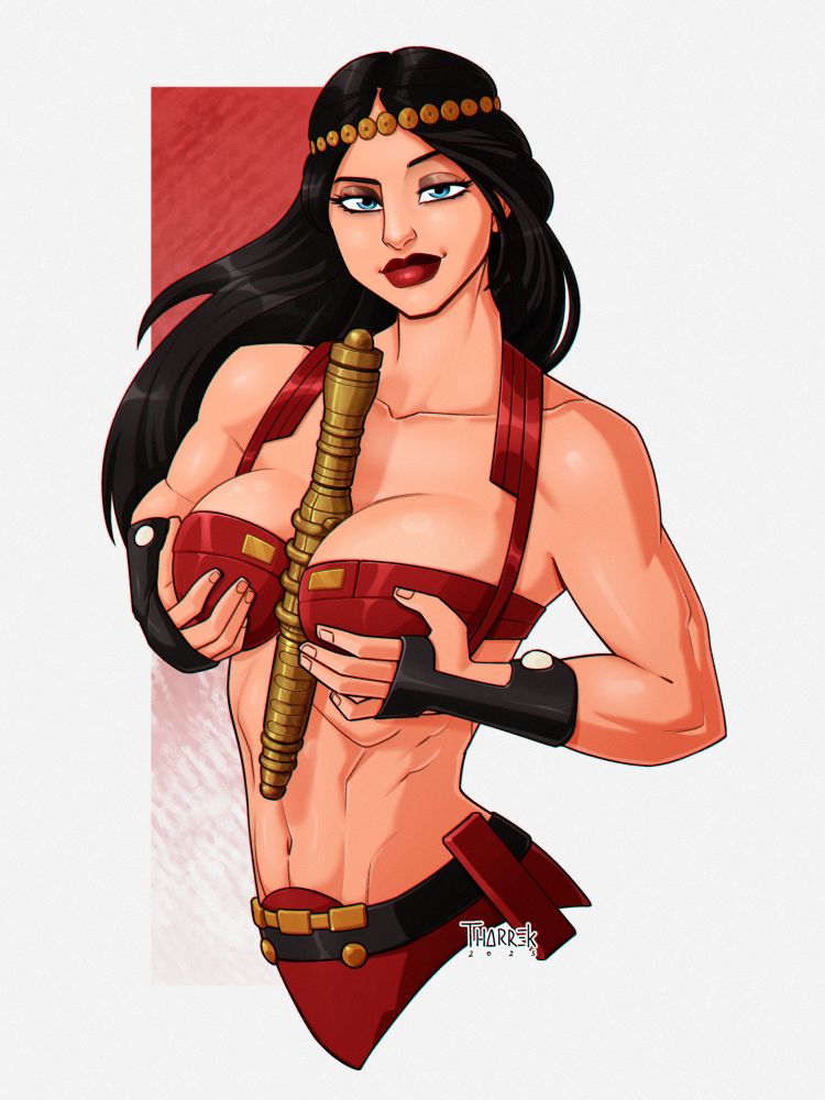 Illustration by @tharrek of Big Barda without her armor pressing her breasts together, holding her Mega-Rod weapon between them.