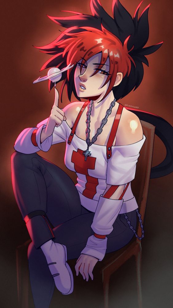 Matsuri Yagumo from Psyren, sitting in a chair with one finger pointed up, using her powers to spin a ball of coffee cream in a sphere