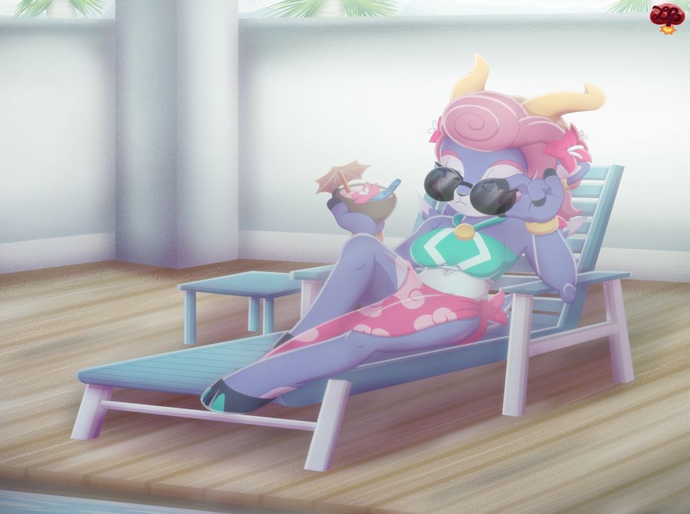 Absa from Rivals of Aether in a swimsuit lounging on a pool deck chair, shifting her sunglasses down with one hand while holding a coconut drink in the other