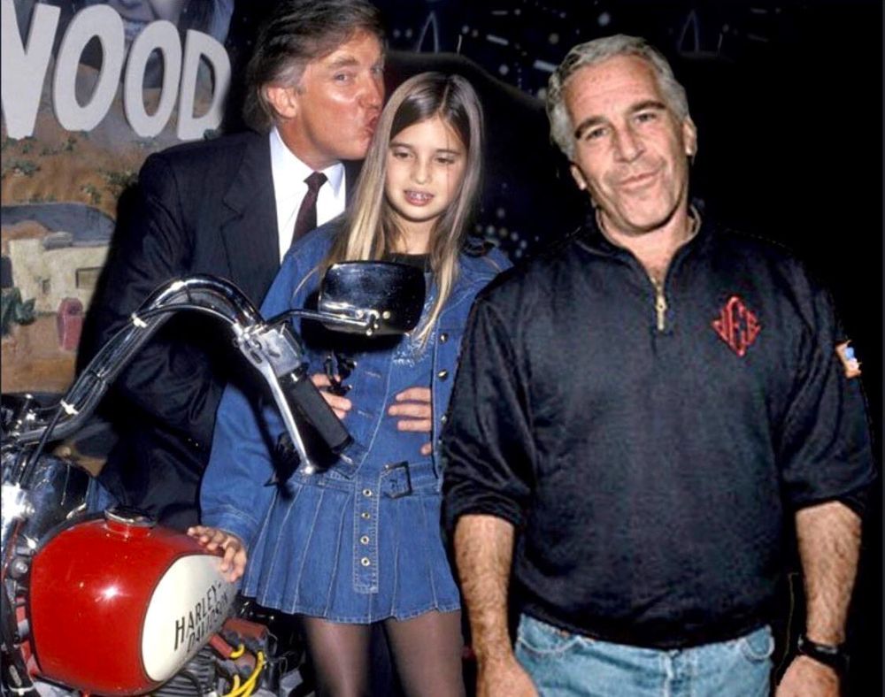 Composite image of Epstein imposed over real image of Trump and Ivanka.