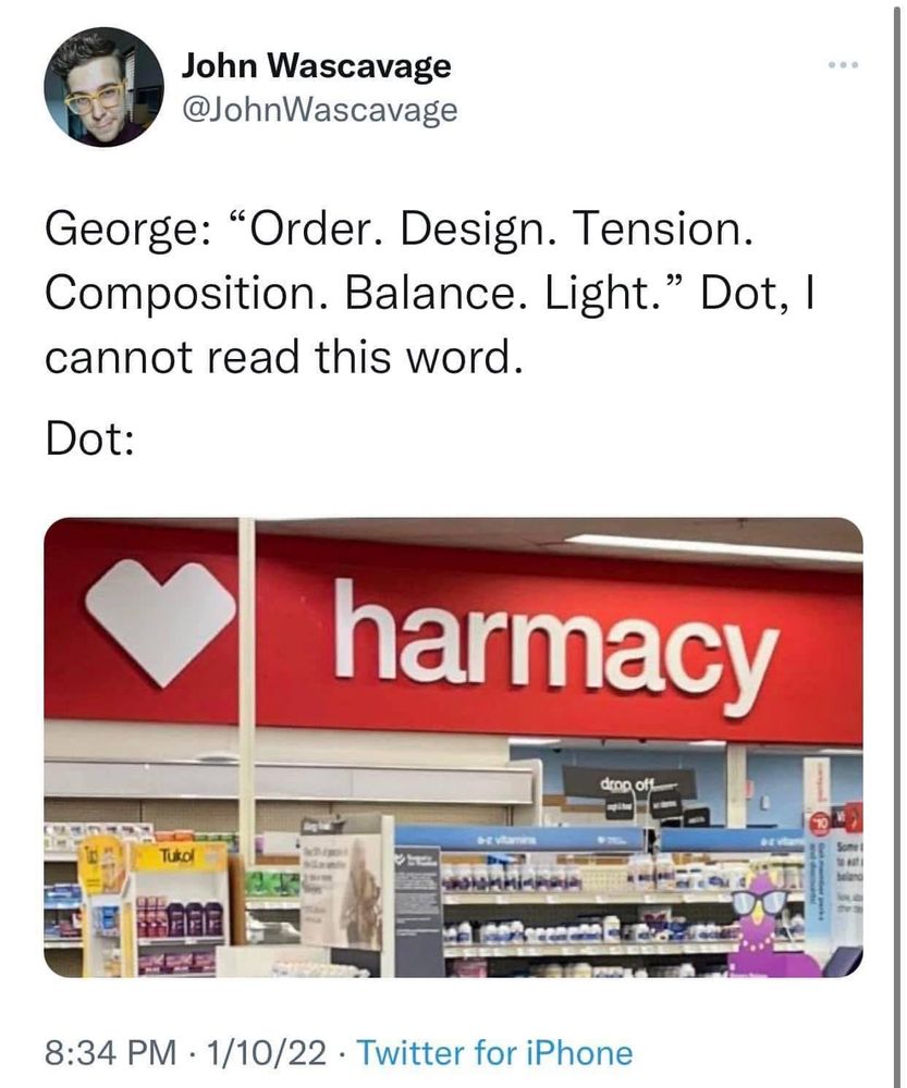 A pic of a social media post making a pun about lyrics from Sunday in the park with George. The photo shows a CVS pharmacy, but it says “harmacy.” The show lyric is “Harmony.”