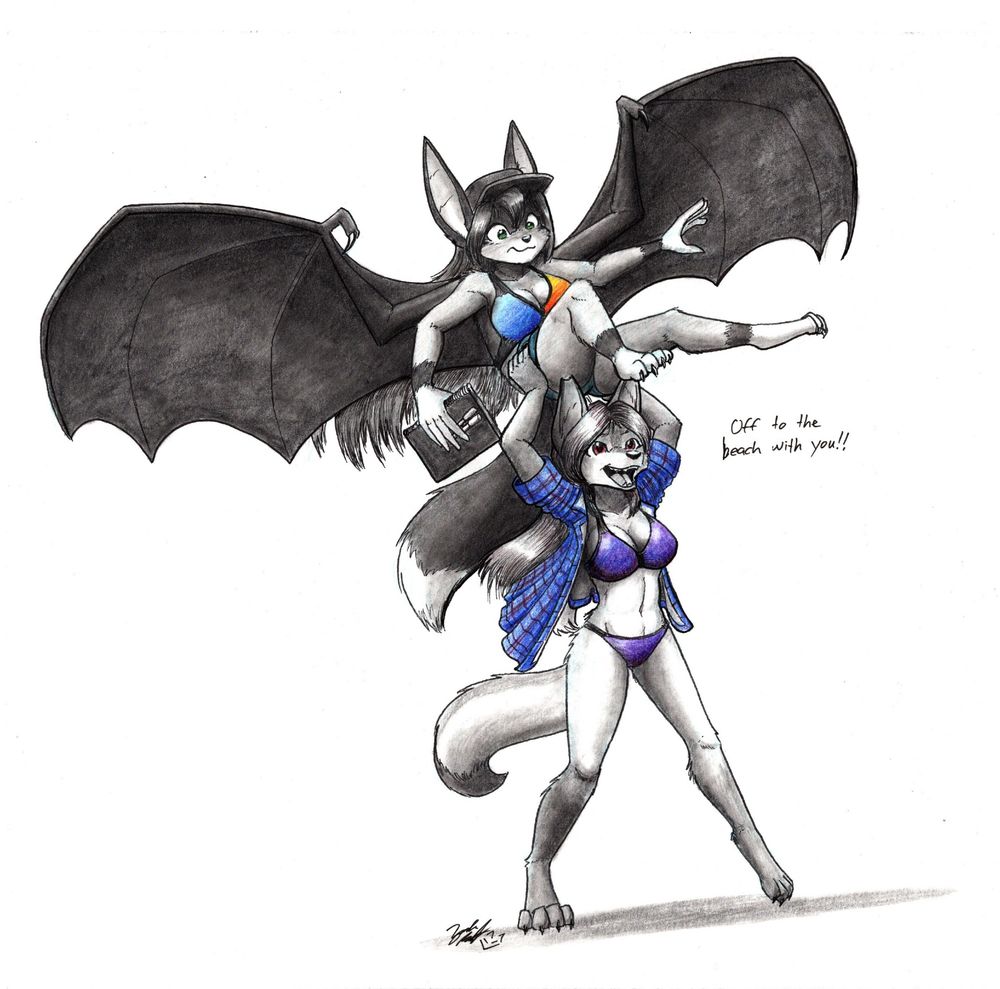 A nervous flying fox, Vee, is picked up and carried off by a genderbent Gohan. The coyote is excitedly taking Vee to the beach, wearing a borrowed bikini and a blue flannel jacket. Vee is clinging to a sketchbook, trying not to drop it.