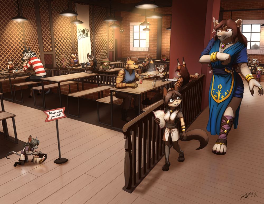 An interior scene featuring a restaurant space in Amber, a riverfront city on Yurika. The interior is divided into three tiered sections accessible by ramp, each one made for ferakin of a different size. In between each section are walkways that allow the staff, who are mostly mice, to have easy access to the tops of tables so they can deliver food without being on the floor. One staff member, Belma, is busy cleaning up a spilled dish on the floor. A cat, Lyra, is busy leading a particularly tall customer to the section of the restaurant with the largest tables.