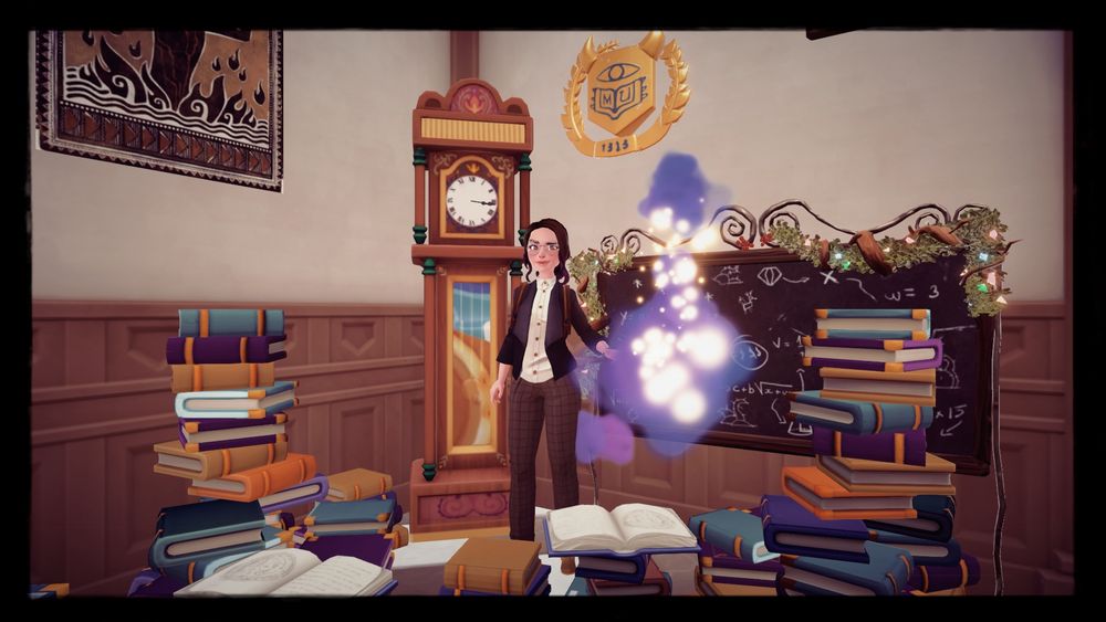 DreamSnap for Disney Dreamlight Valley’s Bookworm Style challenge: a pale skin female character with round frame glasses and brown hair tied at the neck in a messy bun. She is wearing a black three quarter sleeves cardigan with the straps of a brown backpack visible, an off white button up shirt and brown trousers. Her expression is fierce and Dreamlight is coming out of her left hand, as if she’s conjuring up a spell. She stands inside facing the camera. The room looks like an ancient college, with a black board and a grandfather clock behind her. There’s a plaque on the wall and the bottom of a brown tapestry. Piles of books surround her in the foreground.