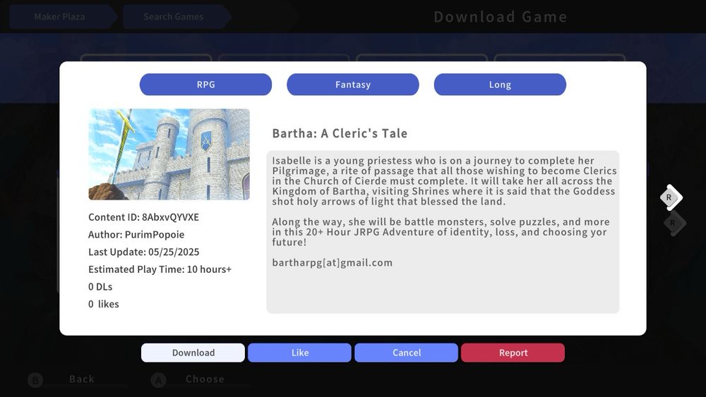 Bartha: A Cleric’s Tale

Isabelle is a young priestess who is on a journey to complete her Pilgrimage, a rite of passage that all those wishing to become Clerics in the Church of Cierde must complete. It will take her all across the Kingdom of Bartha, visiting Shrines where it is said that the Goddess shot holy arrows of light that blessed the land.

Along the way, she will battle monsters, police puzzles, and more in this 20+ Hour JRPG Adventure of identity, loss, and closing your own future!

bartharpg@gmail.com

Content ID: 8AbxvQYVXE
Author: PurimPopoie
Last Update: 05/25/2025
Estimated Playtime: 10+ Hours
