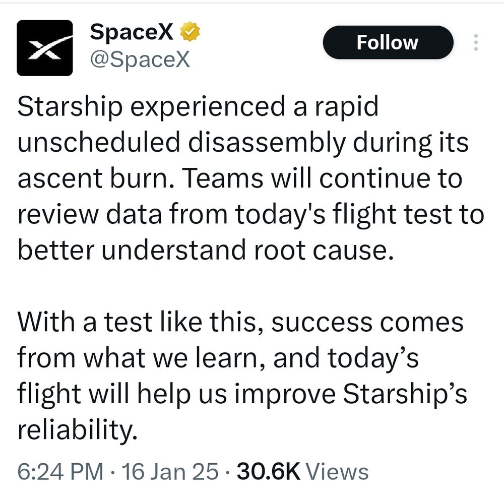 A screenshot of a tweet from SpaceX saying their rocket done blowed up. 