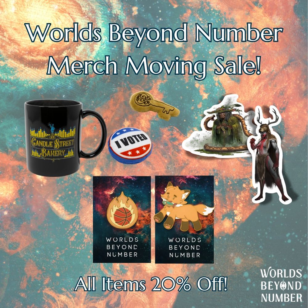 Worlds Beyond Number merch moving sale, all items 20% off. From left to right, the items include the Candlestreet Bakery mug, the magnetic plush accessories, the Hakea and Gramore stickers, and the Space Cram and Fox enamel pins.