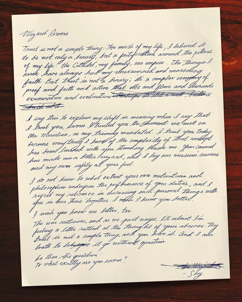 A cursive, handwritten letter from Sky to Sworn. The letter is available in plain text format over on our Patreon. 