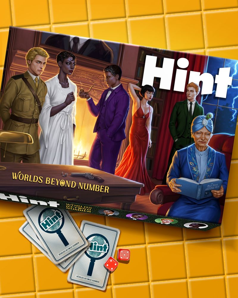 A square asset with mustard yellow square tiles overlapping as the background. In the center of the asset is a rectangular board game box. On the front of the box in large white letters is "Hint" in the upper right hand corner. The "Hint" is suspended in a scene of six characters in a study with a fireplace and a sturdy wooden desk. From left to right stand Colonel Mustard, Claudette Whyte, Arnold Plum, Miss Scarlett, and Cassidy Greene. In the foreground Mrs. Peacock sits on a red velvet armchair reading 'The Old Man and the Sea.' A revolver with four bullets rests on the wooden desk. Just below the revolver reads 'Worlds Beyond Number' in yellow text.