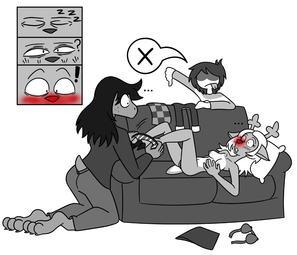 Noelle Holiday wakes up and begins to blush, as she sees that she's nude and Susie is pulling her panties down. Kris gives Susie a thumbs-down, indicating her loss in their game of undressing Noelle without waking her.