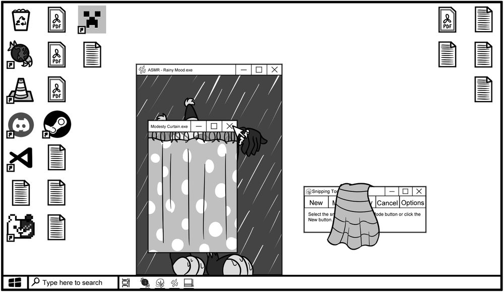 A computer desktop. Nicole the Holo-Lynx has opened an ASMR Rainy Mood window to bathe in, and has a Modesty Curtain window opened in front of her for privacy. Her dress is draped over the snipping tool. The desktop's mouse is hovering over the close button of the Modesty Curtain.