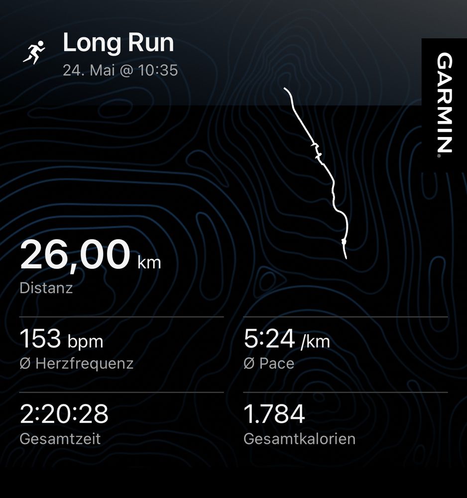 Statistics of my run today: 26km, 2:20h, 5:24 pace. 