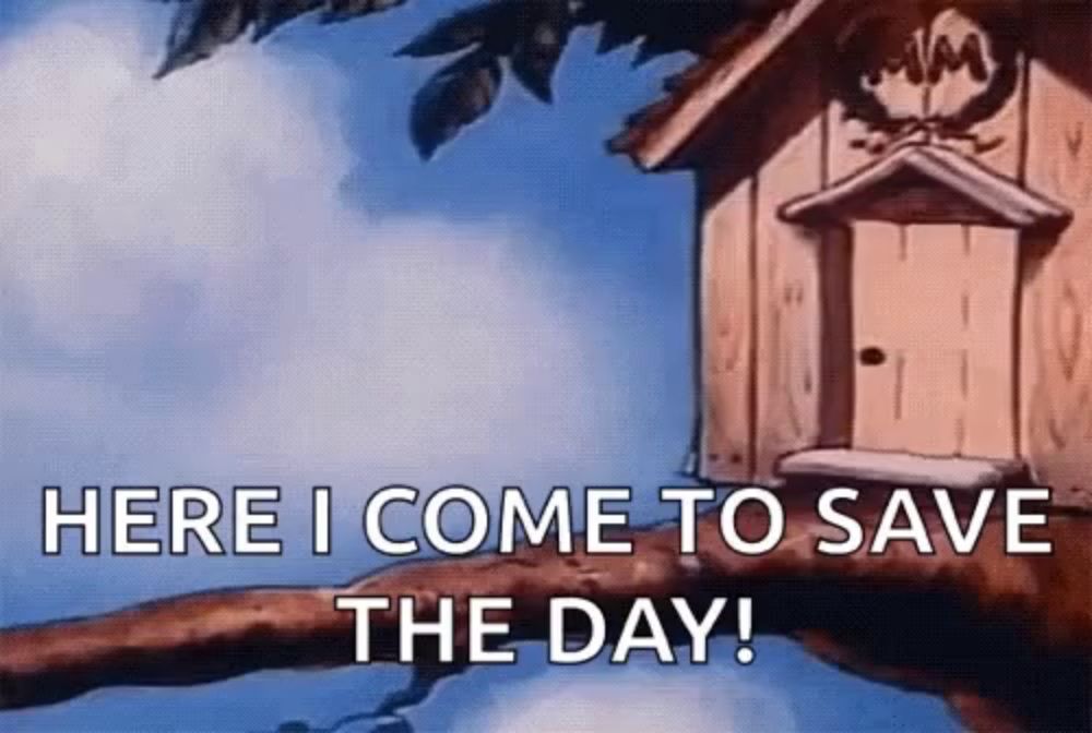 a cartoon of a birdhouse with the words here i come to save the day written on it