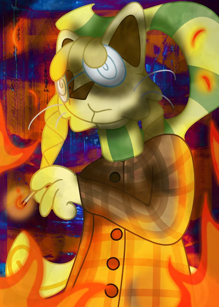 A cream-colored anthro cat, Michael Shelley, stares wide-eyed and empty downwards. She is wearing a plaid brown trenchcoat, a green-and-yellow striped scarf, and opaque spiral glasses, from which one eye peeks out. She has blonde braids. She is holding a lit match in one hand while fire burns in the foreground of the image, illuminating her.