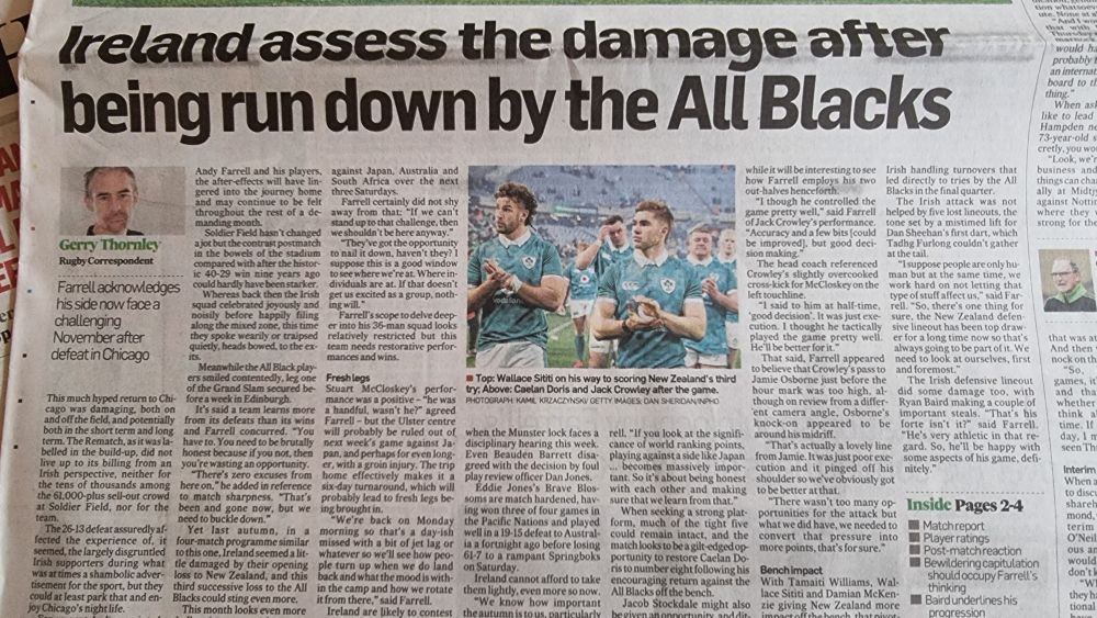 Gerty Thornley's piece tn today's Irish Times which analyses the New Zealand vs Ireland rugby match on Saturday. It doesn't mention the fact that Ireland played with 14 men for almost the whole match. 