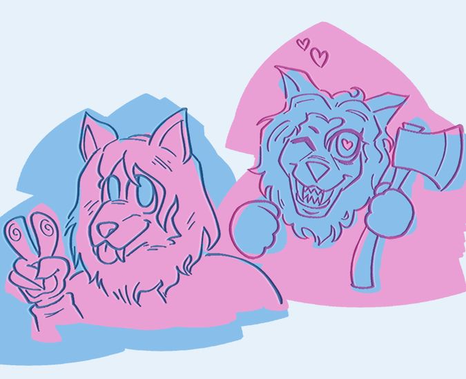 Peachfuzz fan art I found, created by @dateamonster on cohost. Peachfuzz in baby blue and baby pink colors holding a peace sign and the fateful axe. Cute as can be! Missing the tootsies. 