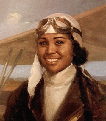 A painting of pilot Bessie Coleman. She is in front of a plane and wears a flying hat and googles, a white shirt and a brown jacket. 