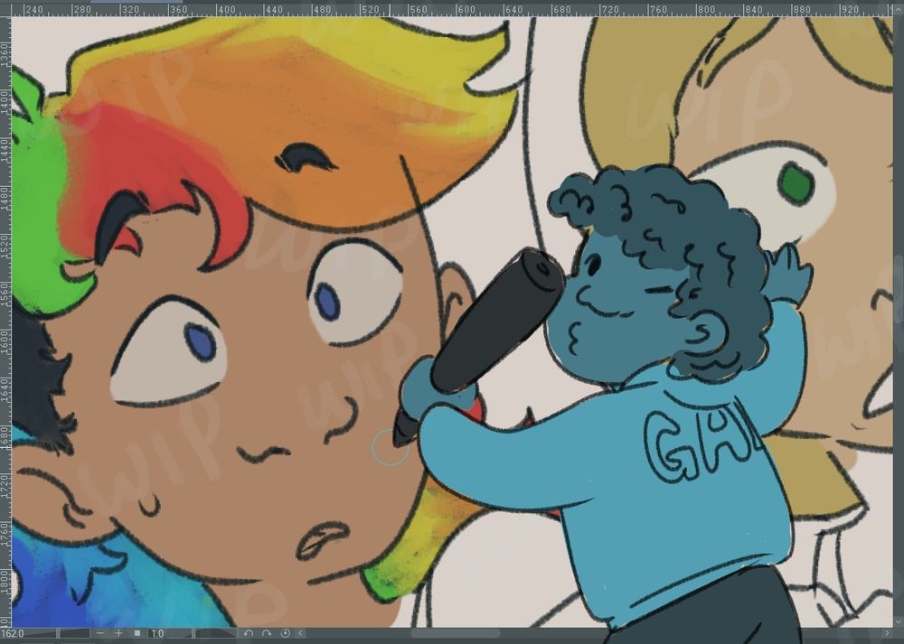 Bluescreened chibi Nick winks at the camera while holding a drawing pencil as she colours in Rainbow Dash's face.