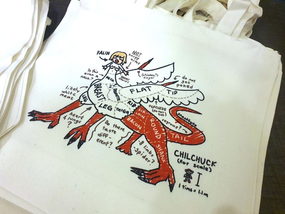 a tote bag containing chimera falin touden from delicious in dungeon / dungeon meshi. chilchuck is placed beside her as a scale reference

#dungeonmeshi #deliciousindungeon #falin