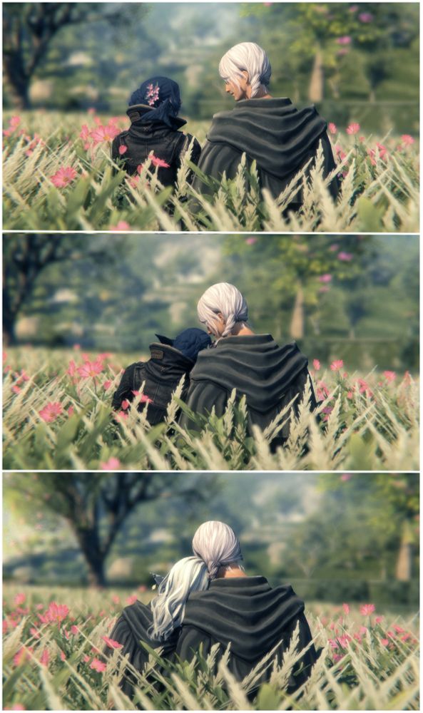 A 3 panel gpose. On the top is Athena and Hythlodaeus, sitting amongst the flowers of Elpis; their backs turned towards the camera as they look at one another. The 2nd panel shows Athena leaning her head on Hyth's shoulder. The 3rd panel switches to Minerva and Hyth, their heads leaning against one another. 