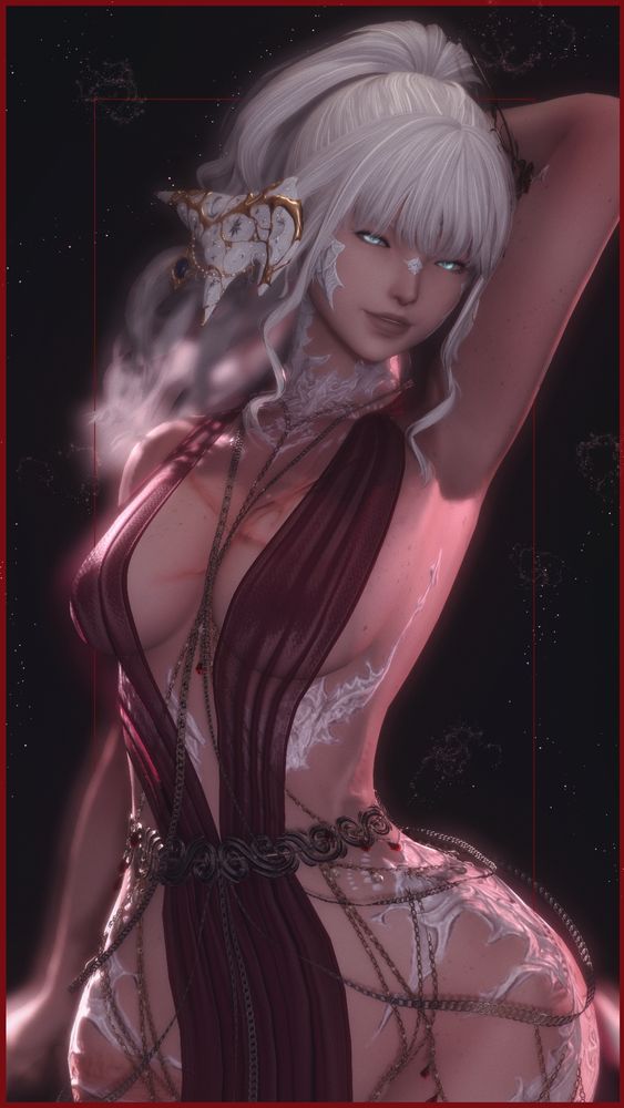 A gpose of Minerva, posing with her left forearm folded behind her head, giving the viewer a teasing smirk. She is clad in a red dress and body jewellery. 
