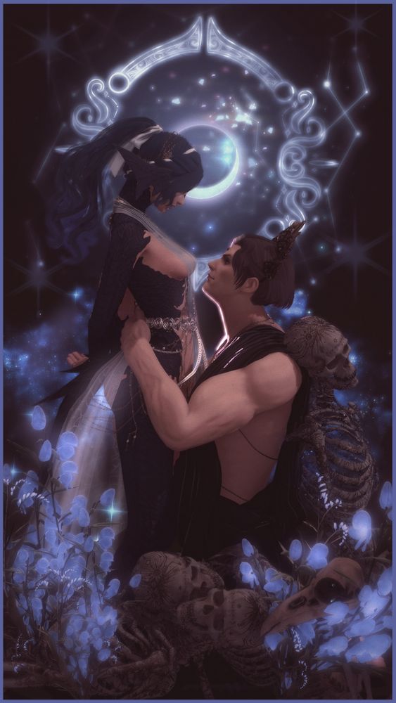 Emet-Selch kneels before Athena, hands sitting at her waist as he gazes up at her. She looks down at him with her hands behind her back. Surrounding them are skeletons, skulls and blue flowers. The symvol of the moon shines behind them. The caption is from Sleep Token's 'Gethsemane'. 