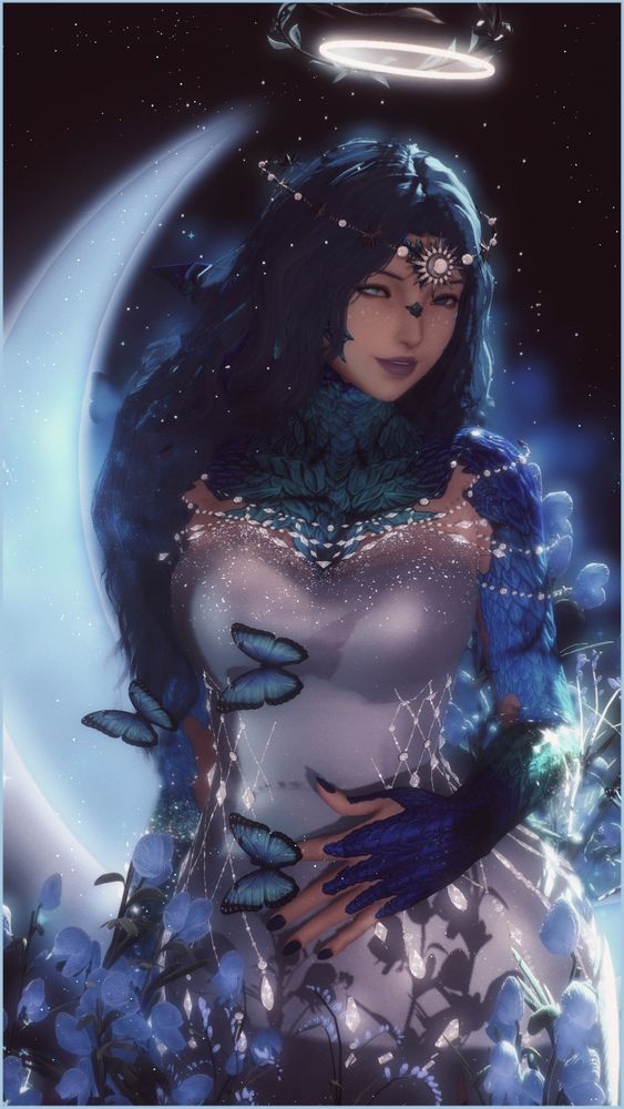 An ethereal gpose of Athena, clad in a silvery blue dress that hangs from her shoulders. A celestial tiara sits on her head, and stars float around her. The moon can be see in the background, with butterflies and flowers surrounding Athena in the forefront. She is smiling at the camera. 