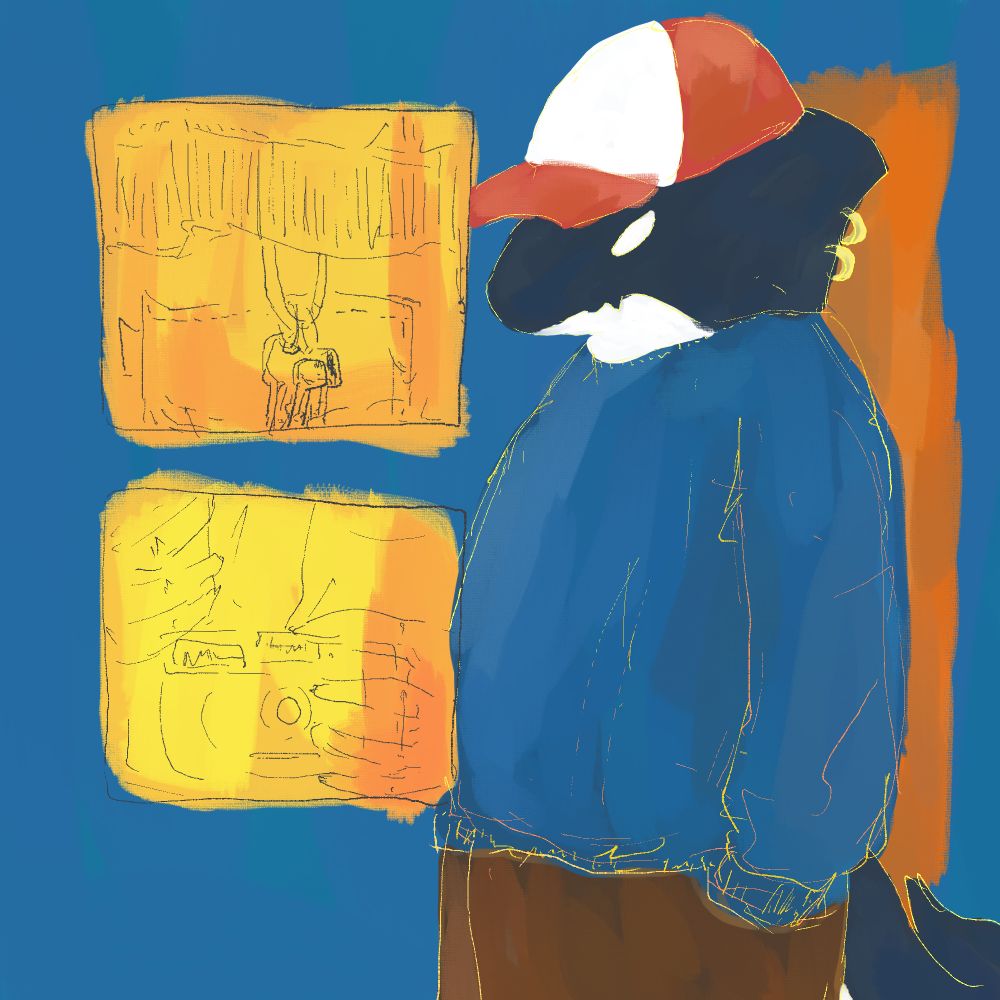 a blue background digital drawing of a painterly style anthro orca wearing a white and red hat and a blue sweater with brown pants and an accent orange to the right of him. the left of the canvas features two yellow and orange squares with a sketch of some keys on a carabiner (top) and a camera (bottom)