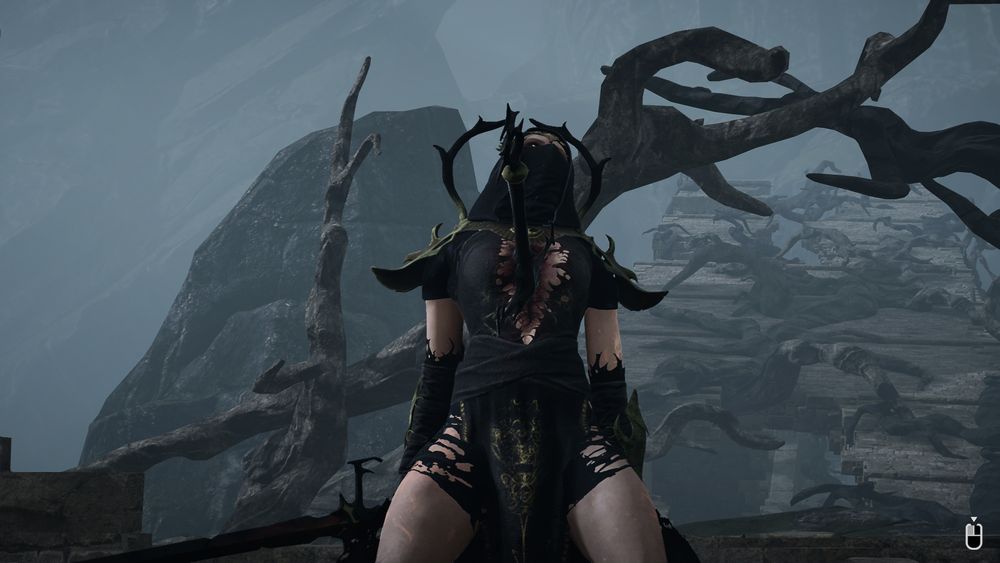 Perceval from Tainted Grail: The Fall of Avalon. She is a woman on her knees leaning back, stabbed through the chest with a longsword. She is wearing torn diaphanous clothes with accents of gold. Her tunic is open in the front because of the sword that has been stabbed through her chest. She's like wicked hot is what I'm getting at here.