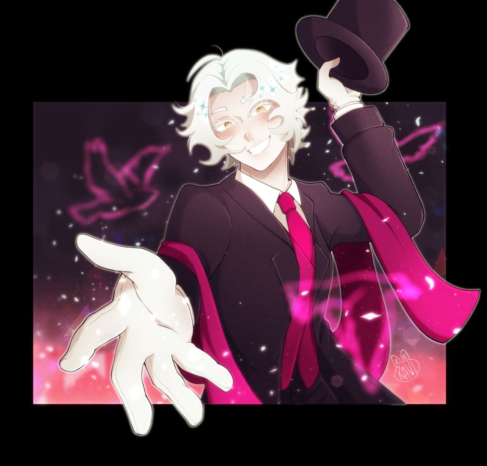 A digital illustration of an anime character with wavy short white hair and golden eyes, smiling brightly. They are dressed in a formal black suit with a hot pink tie and matching vest. A matching scarf drapes over their shoulders. The character holds a black top hat in one hand and extends the other hand forward invitingly. Sparkles and glowing pink trails of magic swirl around them, with ethereal bird-like shapes in the background, adding a magical, theatrical atmosphere. The character exudes charisma and showmanship, as if performing a grand illusion or inviting the viewer into a magical world.