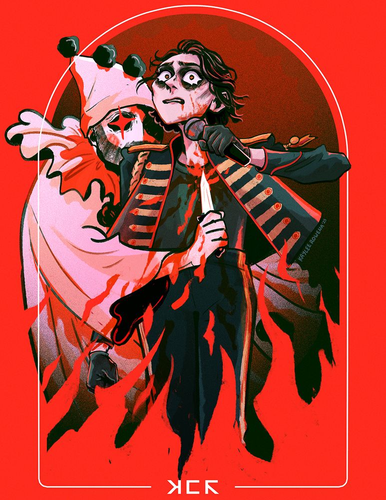an illustration of gerard way from my chemical romance being stabbed in the chest by a clown. flames are coming up from the bottom of the piece, and blood is flowing down from around the knife. at the bottom is the letters "mcr" written in keposhka.