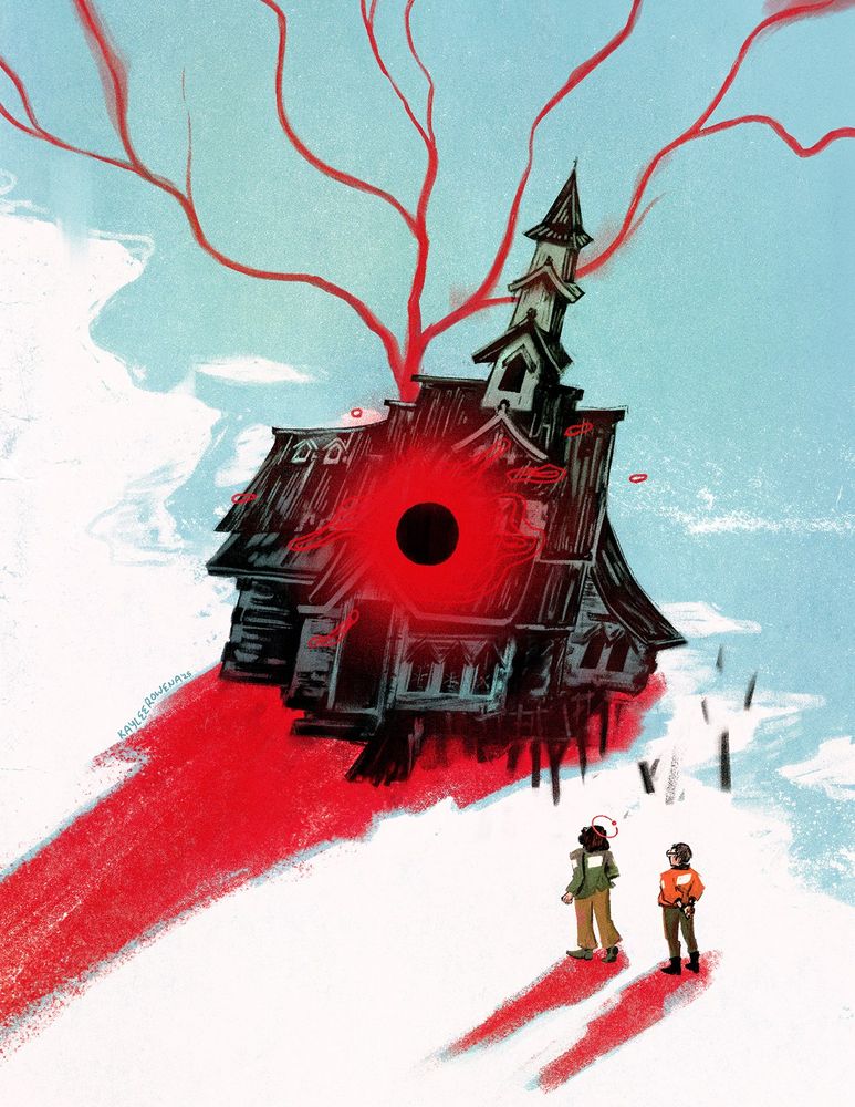 an illustration of the dolorian church from disco elysium, a run-down wooden building on an icy coast. red lines are coming out of the top of the church, like the lines in the art for the "shivers" skill in the game, and a black circle floats in the center of the church with a red glow around it. harry and kim are small in the lower right corner, looking up at the church.