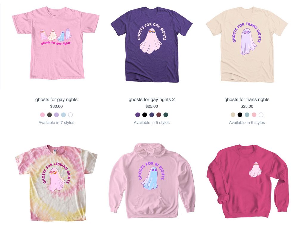 a screenshot of my bonfire t-shirt shop, showing a bunch of designs of ghosts wearing heart shaped sunglasses with various pride flags reflected in them. 