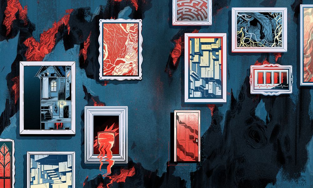 a two-page illustration spread i drew for jacob geller's book "how a game lives", showing a variety of haunted houses, brutalist architecture, doors, and veins. the different pictures are framed and hung on a wall, with wallpaper peeling to reveal mold and viscera beneath.