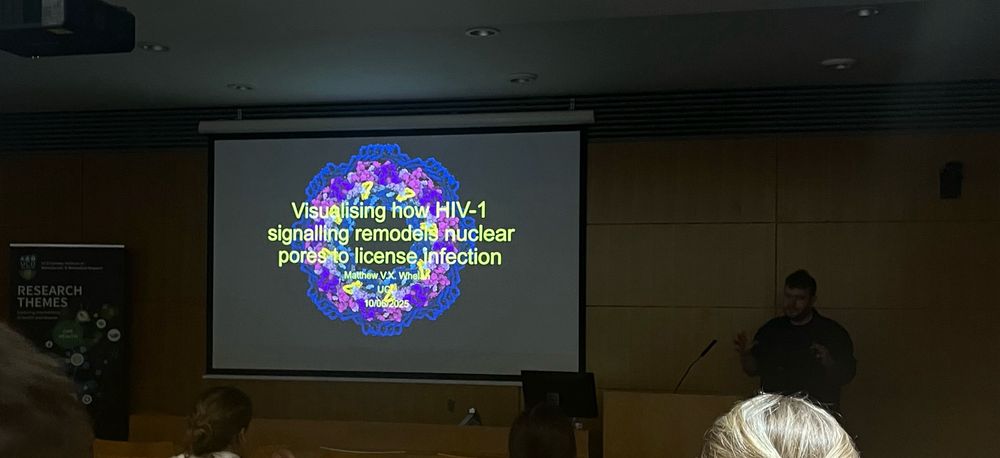 Title Slide reads “Visualising how HIV-1 signalling remodels nuclear pores to license infection” with an image of a CD4+ T cell Nuclear pore behind. 